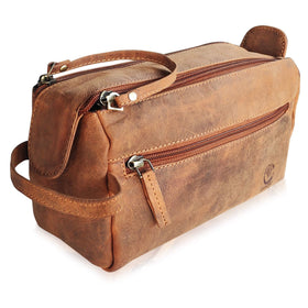 Rustic Town leather toiletry bag with waterproof lining for travel organization.