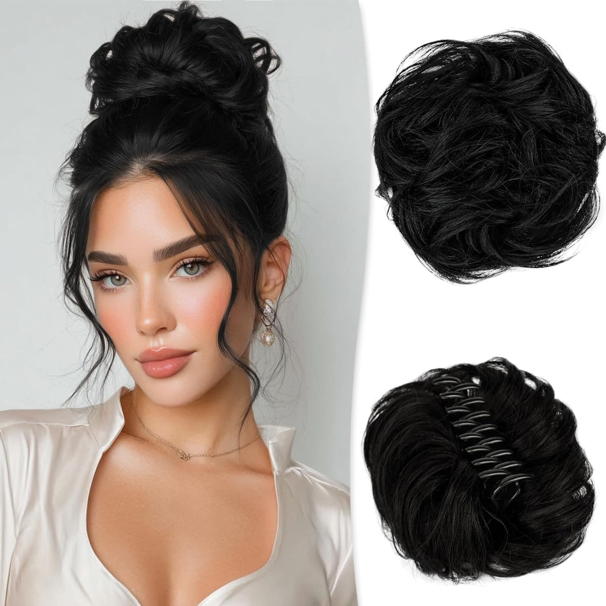 RUWISS claw clip messy bun hair piece close-up showing natural 100% human hair blend.