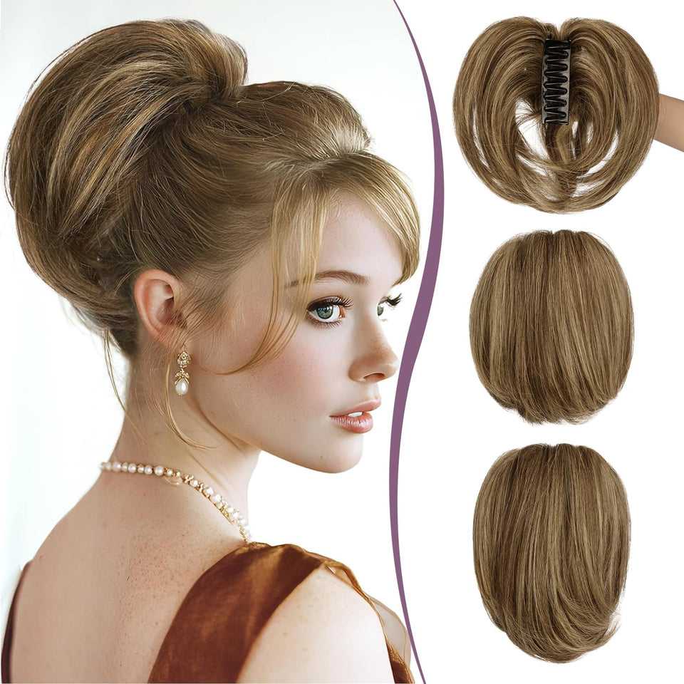 RUWISS claw clip short ponytail with 9-inch brown and blonde highlight for natural blend.