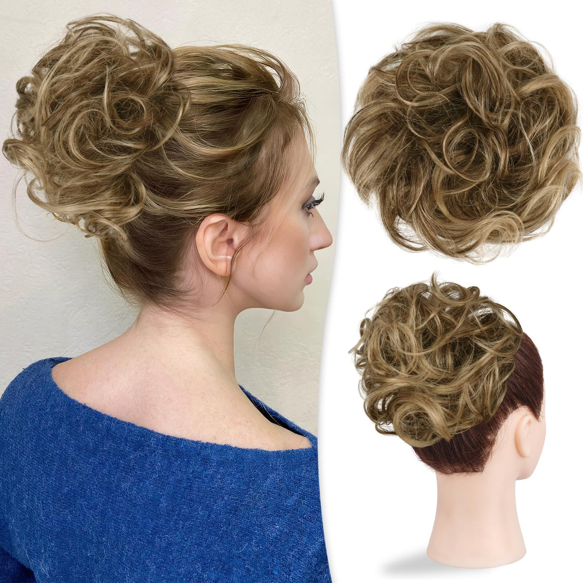 RUWISS large messy bun with brown and warm blonde highlights for natural fullness.