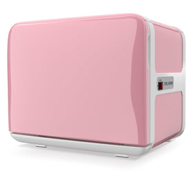 RyJaune towel warmer front view with pink cabinet showing compact design and warmth
