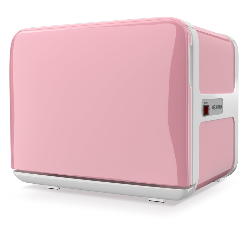 RyJaune towel warmer front view with pink cabinet showing compact design and warmth