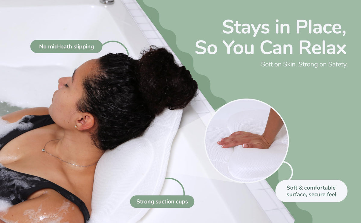 Rylor bath-pillow neck-support emphasizes plush comfort cradling the head during baths.