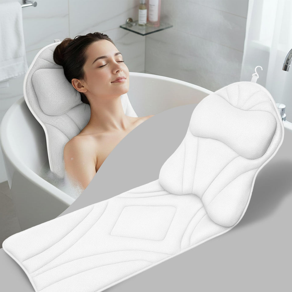 Rylor full-body-bath-pillow provides comprehensive neck and back support for relaxing soaks.