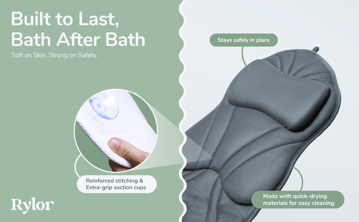 Rylor bath pillow fits most full-sized tubs for versatile use.