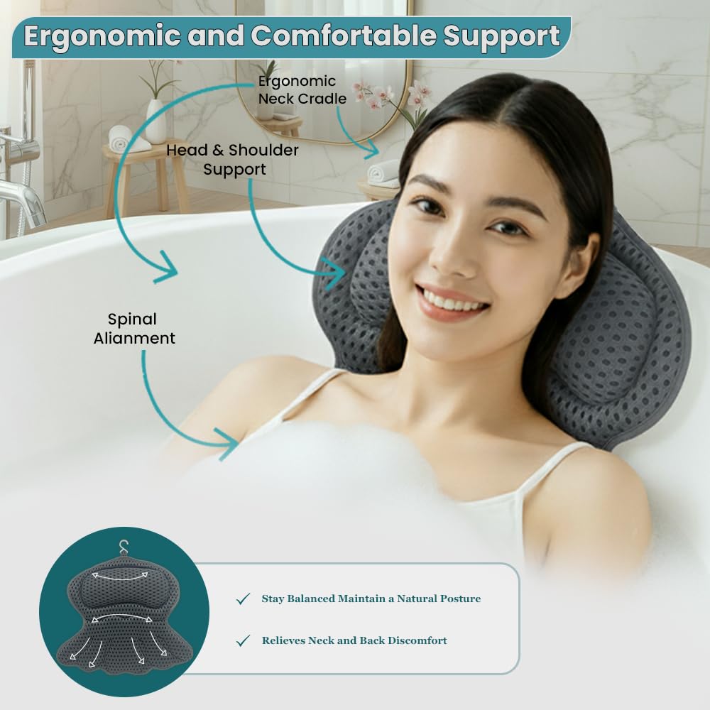 RYNEX Bath Pillow with secure suction cups prevents slipping.