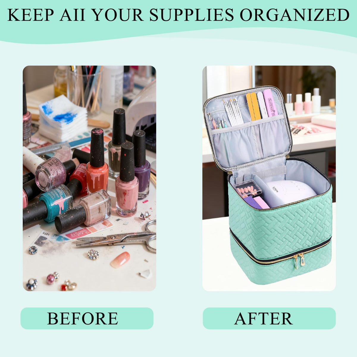 RZMAYIS bottom-compartment-nail-bottles keeps polish upright and reduces leaks.