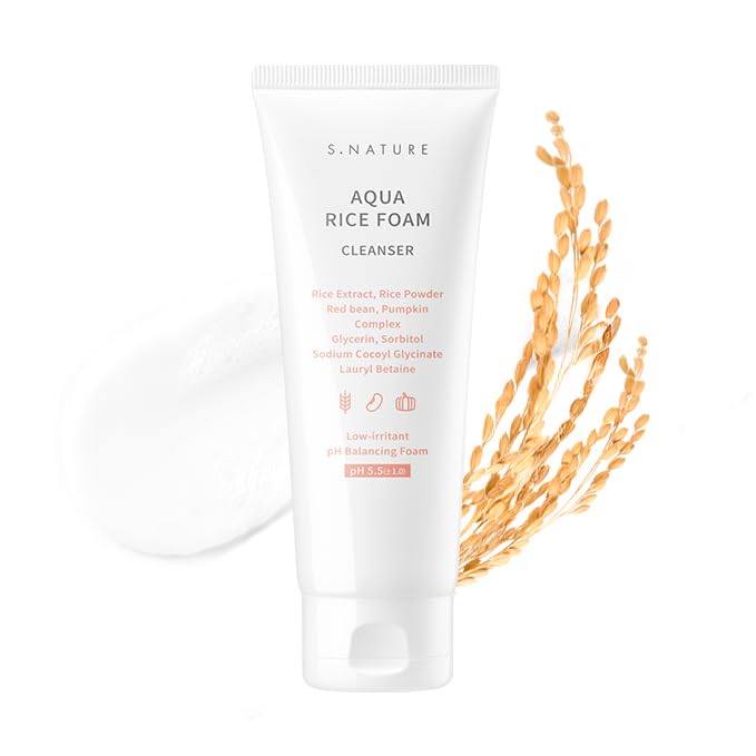 S.NATURE Aqua Rice Foam Cleanser bottle on white surface for gentle cleansing.