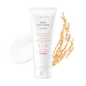 S.NATURE Aqua Rice Foam Cleanser bottle on white surface for gentle cleansing.
