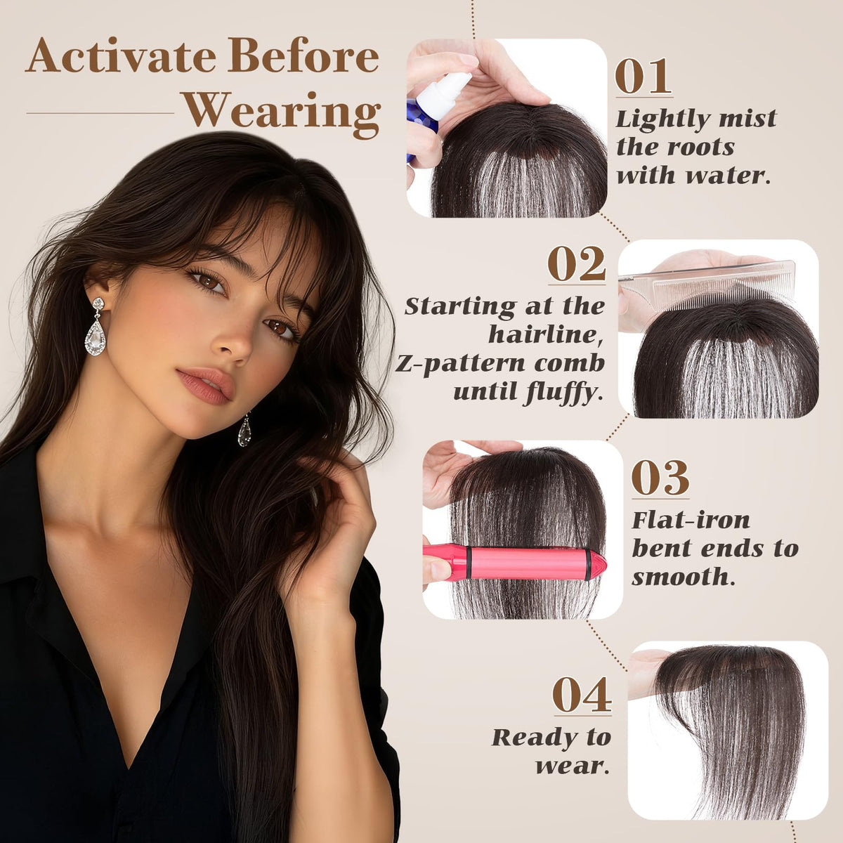 S-noilite 8 inch bangs in color 04 medium brown blend seamlessly.