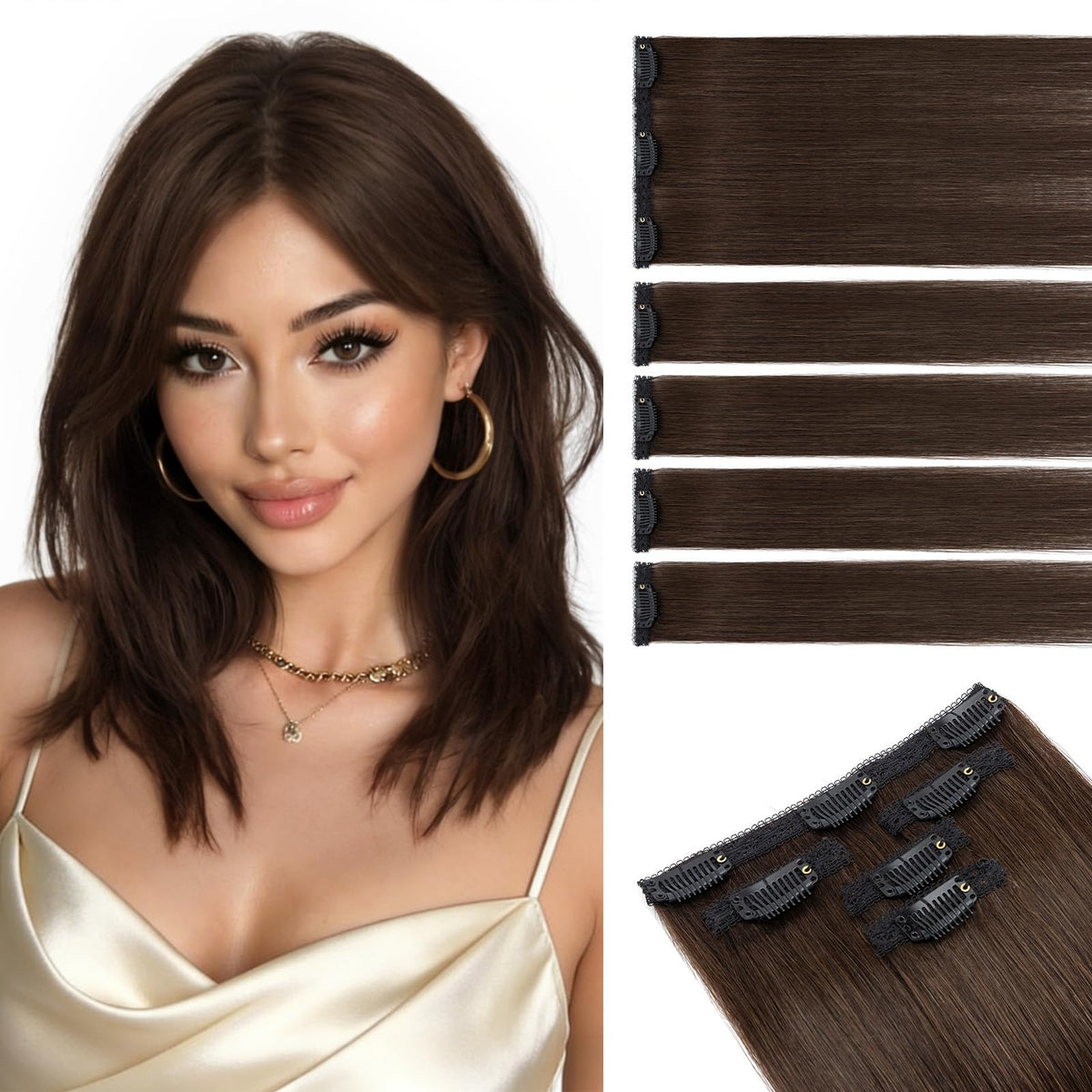 S-noilite short hair extensions clip-ins in dark brown for natural volume