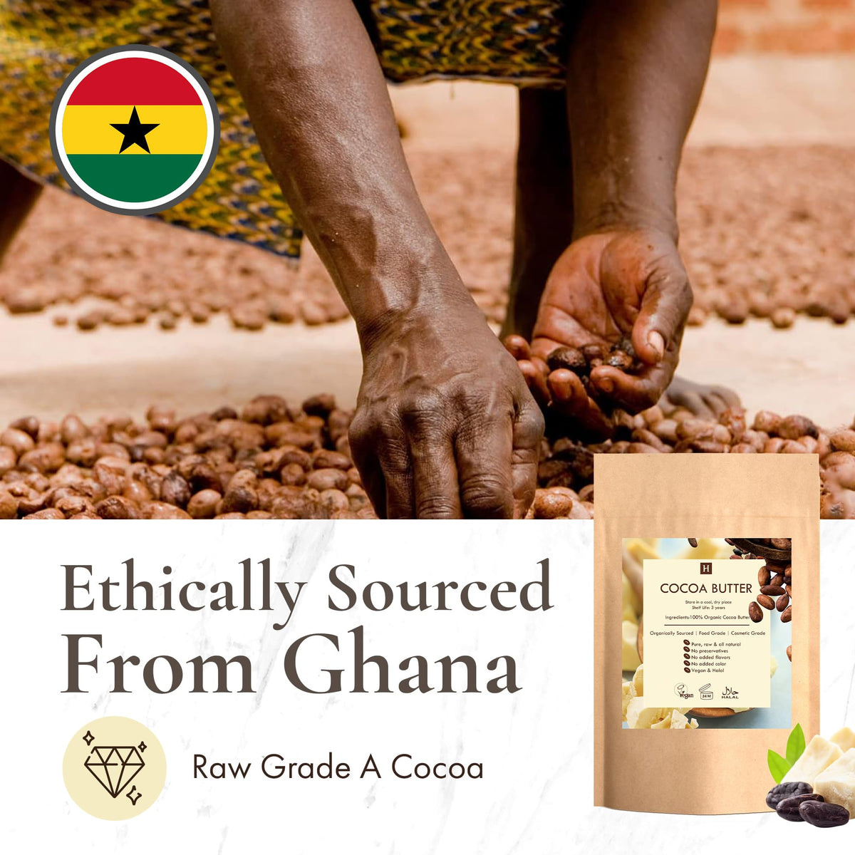 SaaQin Cocoa Butter non-GMO vegan label emphasizing clean ingredients.