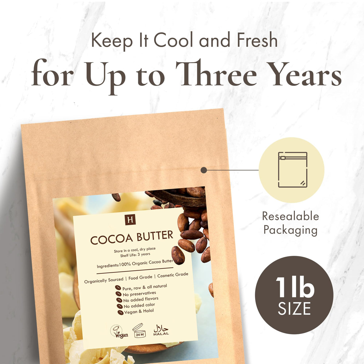 SaaQin Cocoa Butter display highlighting three-year shelf life.
