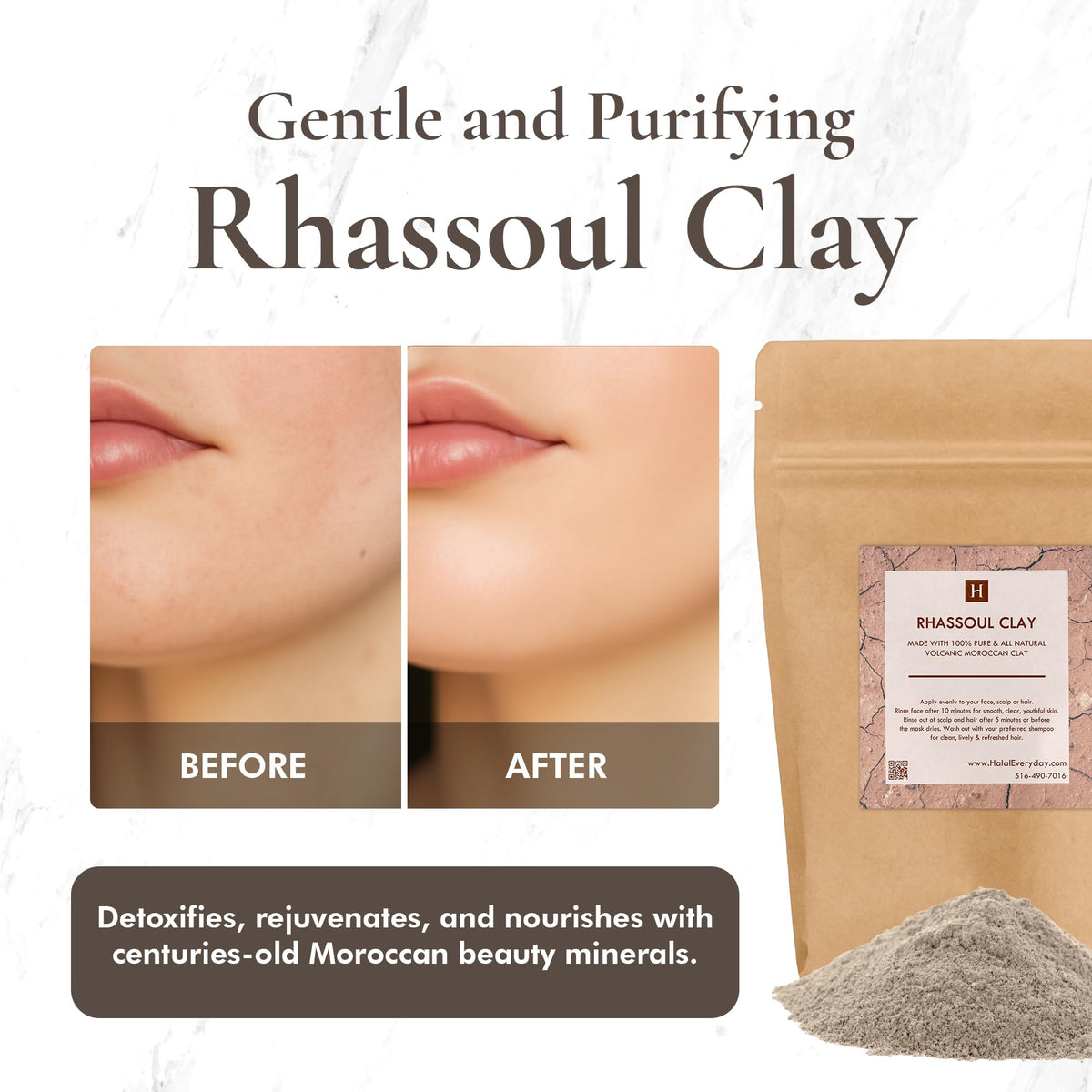SaaQin Rhassoul clay powder in a bowl for facial masks.