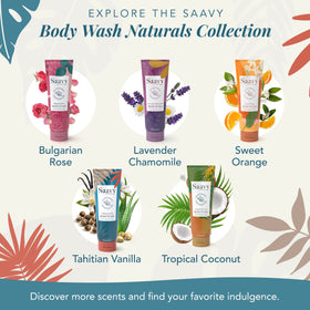 Saavy Naturals on a bathroom shelf for refreshing daily showers.
