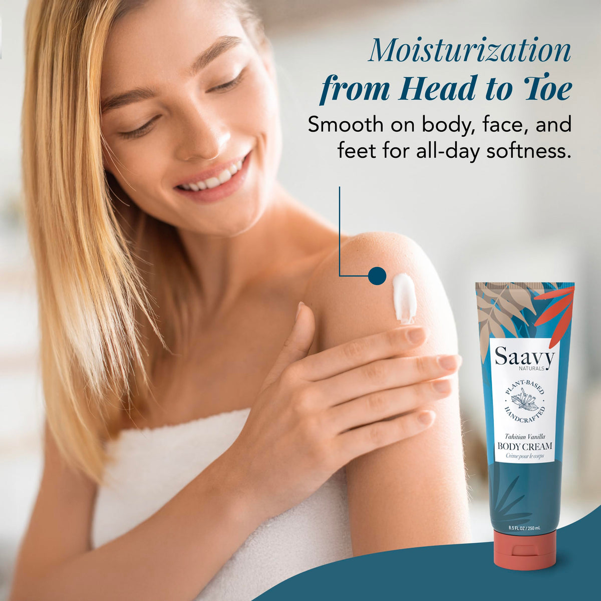 Texture close-up of Saavy Naturals body cream for soft, non-greasy hydration.