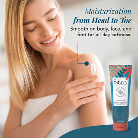 Texture close-up of Saavy Naturals body cream for soft, non-greasy hydration.