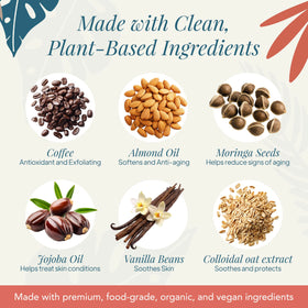 Ingredients spotlight featuring jojoba, almond, and moringa oils for nourishment.