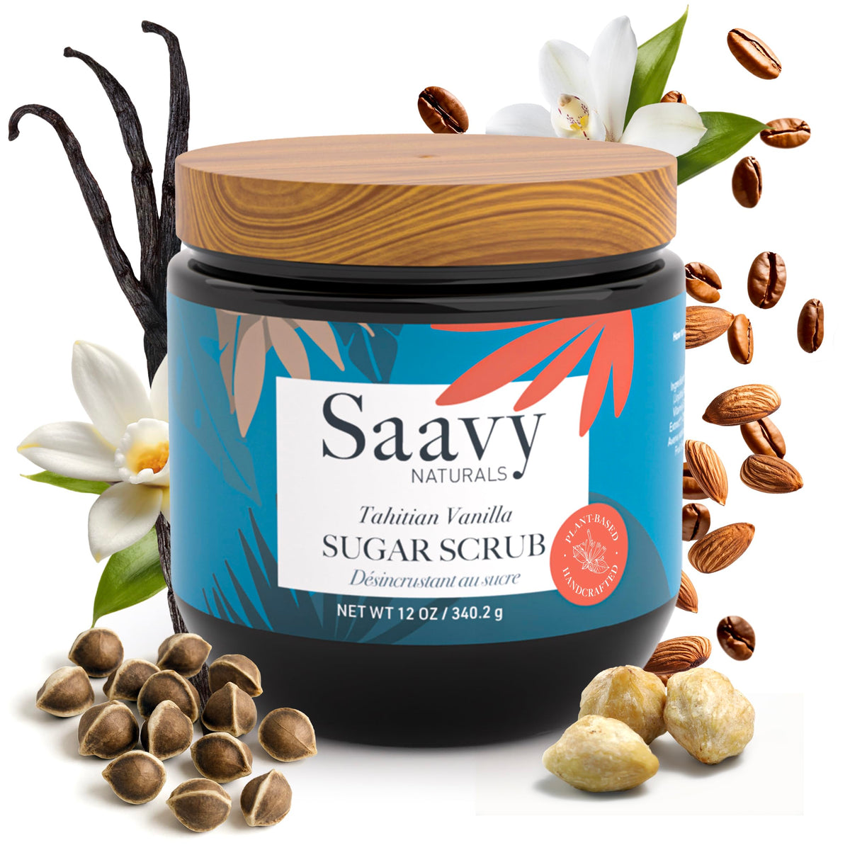 Saavy Naturals Body Scrub vanilla jar provides gentle, plant-based exfoliation for softer skin.