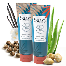 Saavy Naturals Deeply Hydrating Body Cream bottle with Tahitian Vanilla for nourished, silky skin.