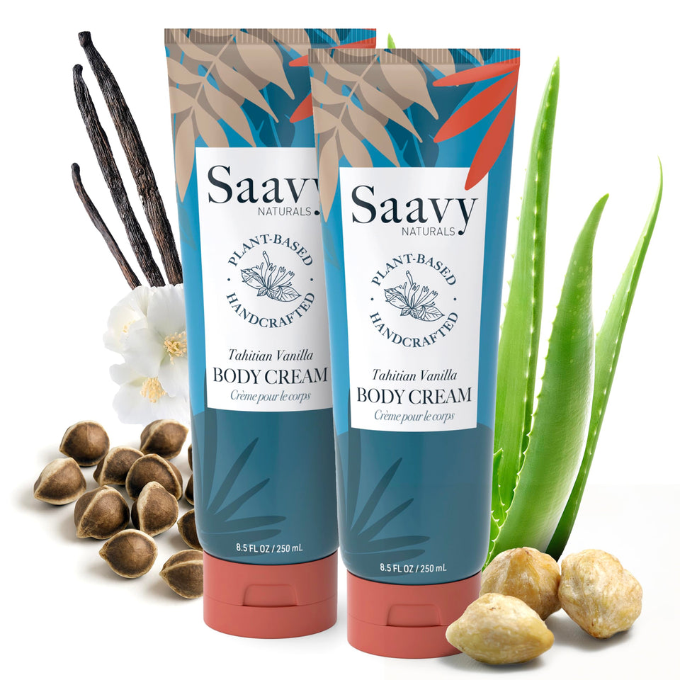 Saavy Naturals Deeply Hydrating Body Cream bottle with Tahitian Vanilla for nourished, silky skin.