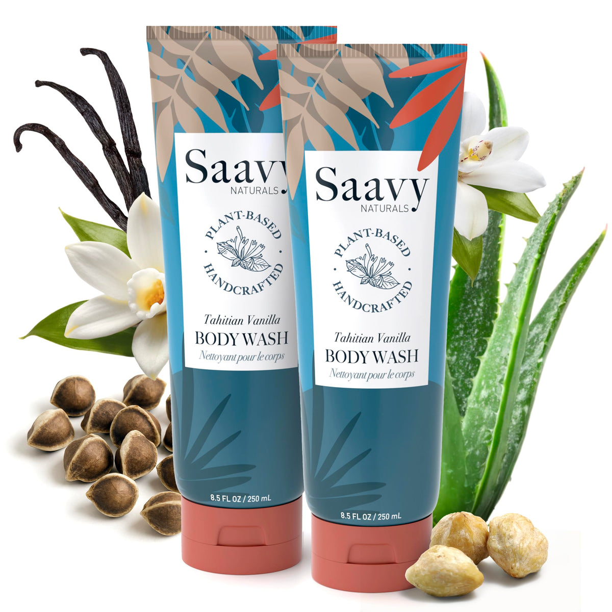 Saavy Naturals moisturizing body wash bottle, gentle cleanse for sensitive skin.