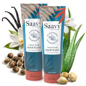Saavy Naturals moisturizing body wash bottle, gentle cleanse for sensitive skin.