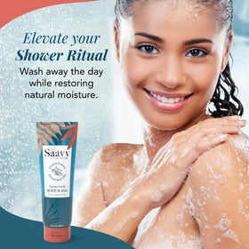 Saavy Naturals Tahitian Vanilla fragrance bottle, spa-like shower experience.