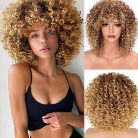 Sabosi Afro Blonde Curly Wig with bangs, soft synthetic fiber for daily wear.
