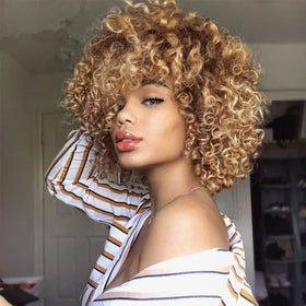 Sabosi kinky blonde wig close-up, heat-resistant fiber feels natural.