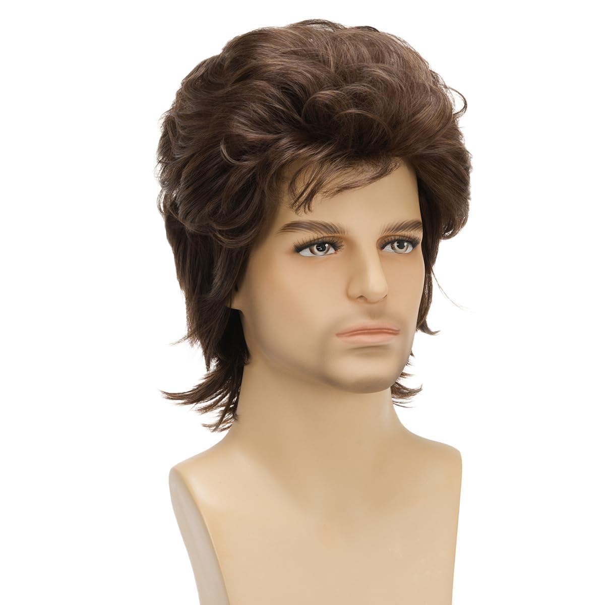 Sabosi Men 80s wig closeup fiber focus highlighting heat resistant synthetic fibers