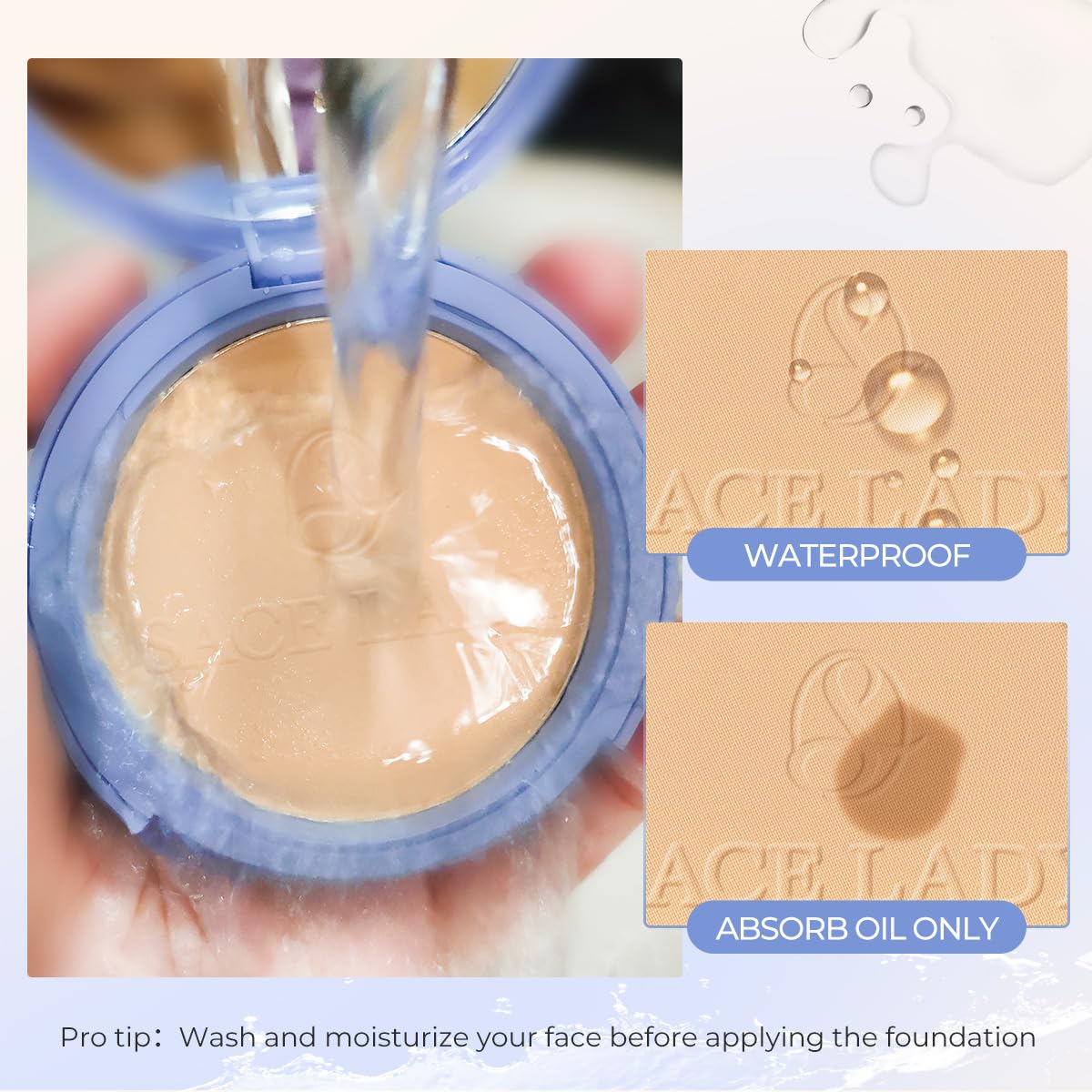 SACE LADY water-resistant powder locks makeup in humidity.