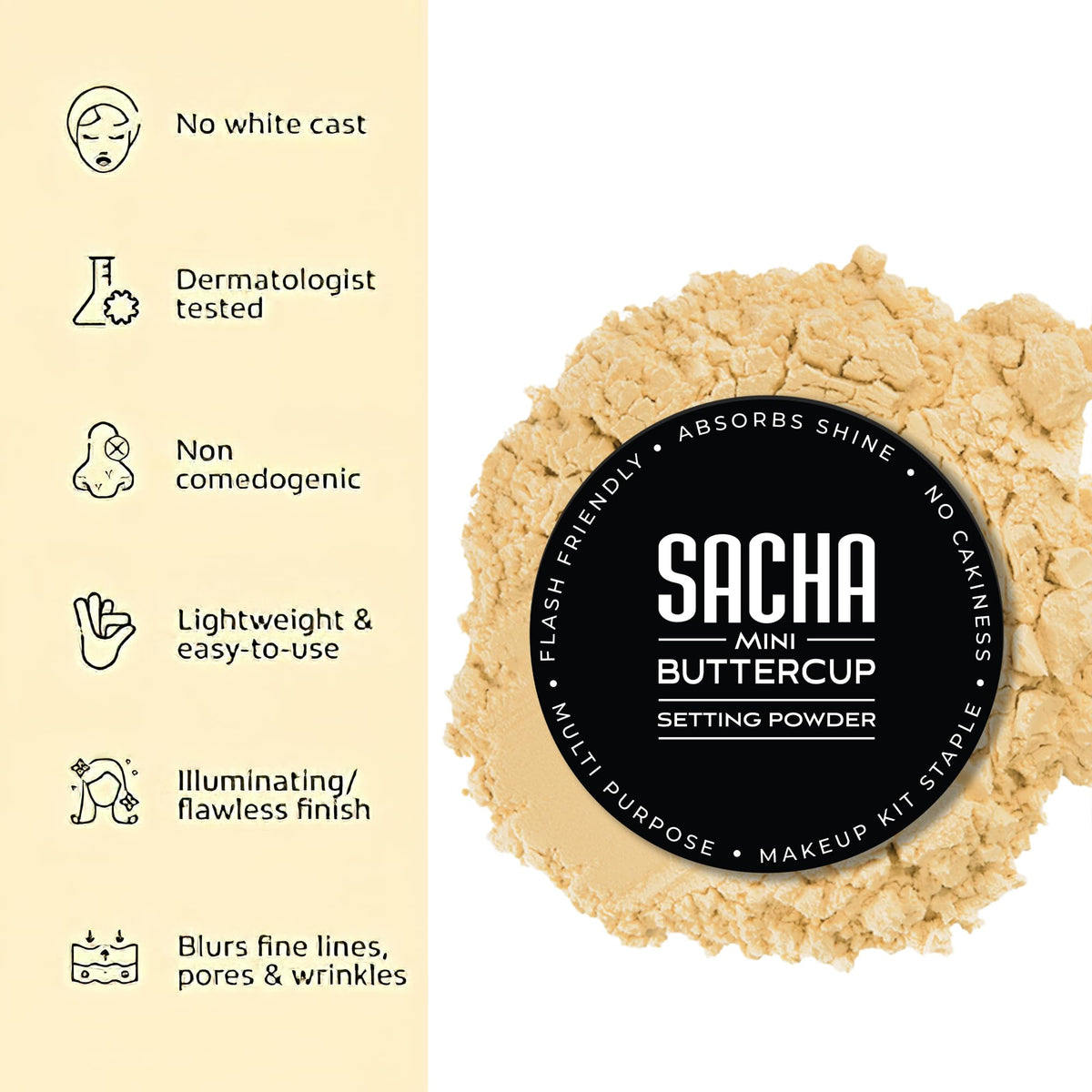 Sacha Buttercup Light mini setting powder for light-to-medium skin tones.