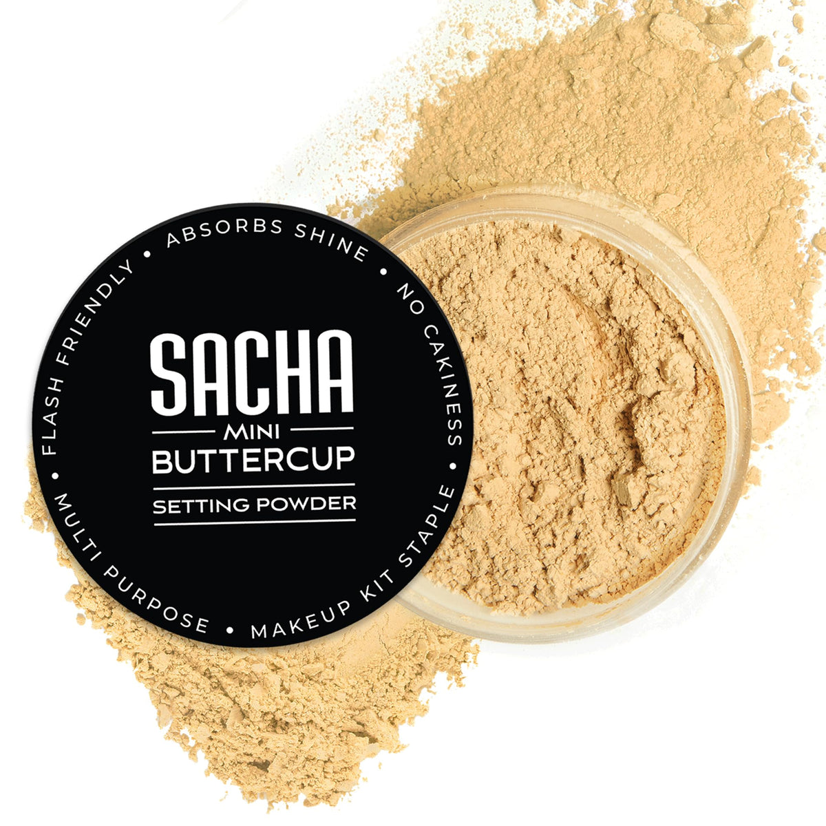 Sacha Cosmetics Buttercup mini setting powder bottle for matte, camera-ready skin.