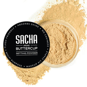 Sacha Cosmetics Buttercup mini setting powder bottle for matte, camera-ready skin.