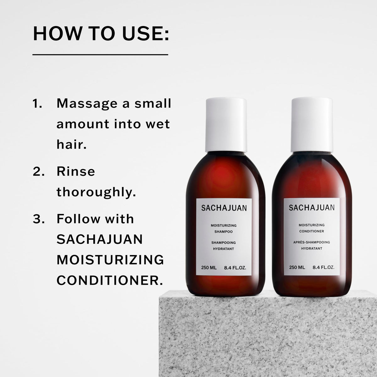 SACHAJUAN Moisturizing Shampoo bottle side view conveys balanced cleansing.