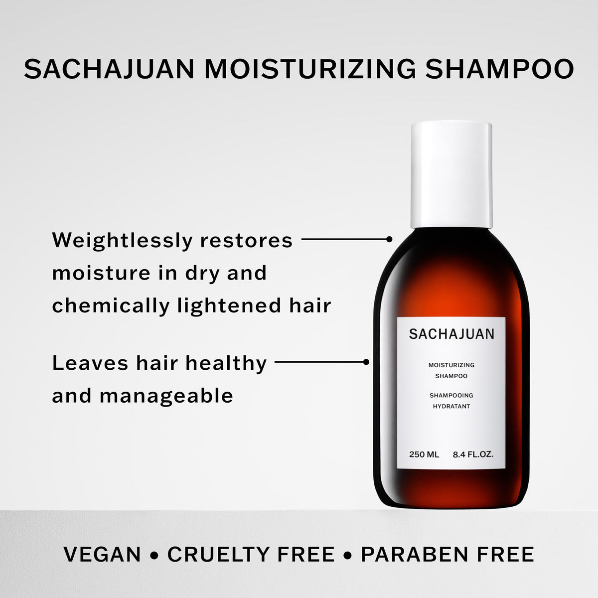 SACHAJUAN Moisturizing Shampoo label detail emphasizes Ocean Silk Technology benefits.