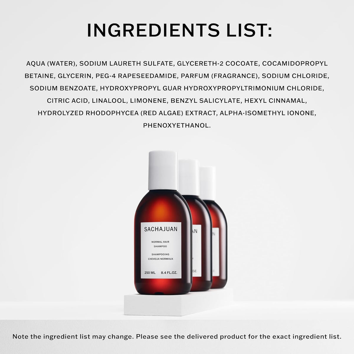 SACHAJUAN Normal Hair Shampoo label indicating vegan and paraben-free formula.