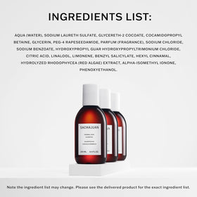 SACHAJUAN Normal Hair Shampoo label indicating vegan and paraben-free formula.
