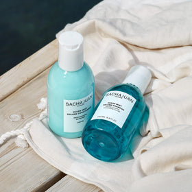 SACHAJUAN Ocean Mist Volume Shampoo closeup label highlights vegan, paraben-free formula.