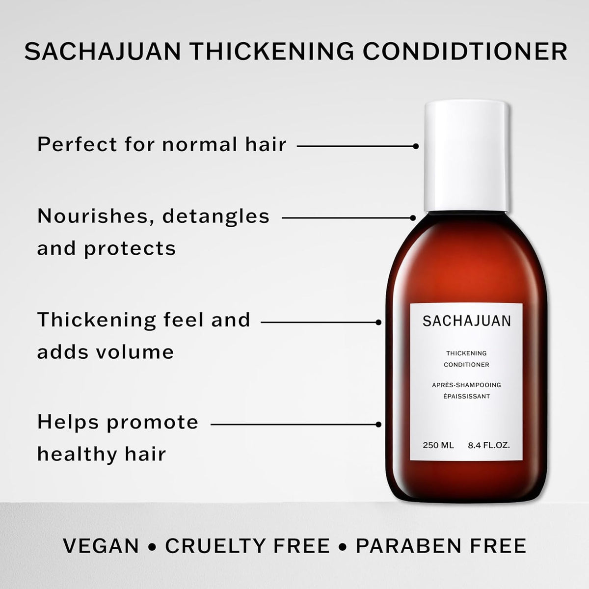 Close-up of SACHAJUAN Thickening Conditioner pump showing creamy texture for detangling.