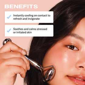 Sacheu wrinkle-relief roller supports gentle massage across facial areas.
