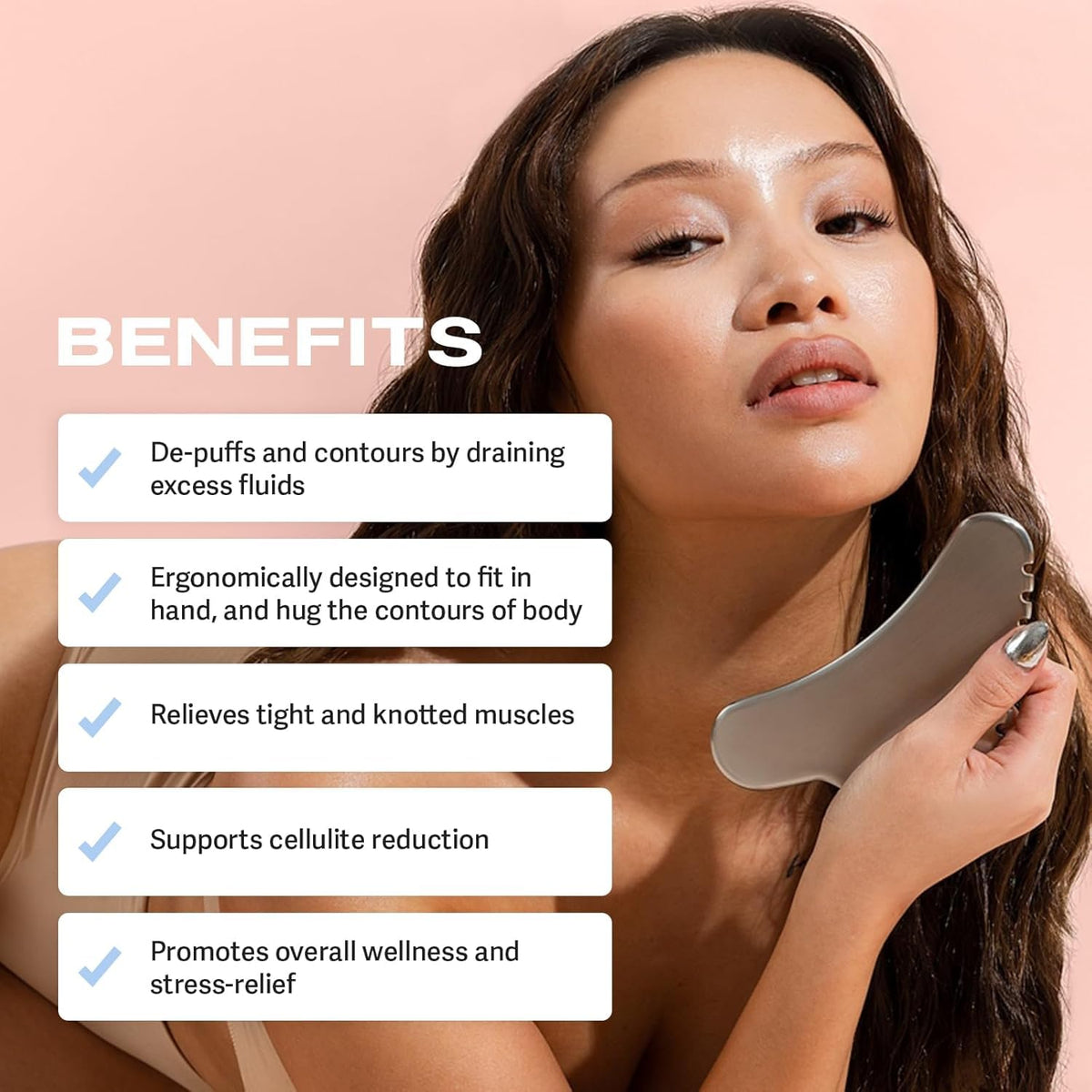 Sacheu gua sha tool naturally cools the skin during use for soothing relief.