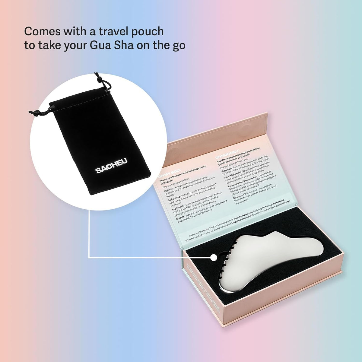 Sacheu gua sha tool provides deep-tissue massage to relax facial tension.