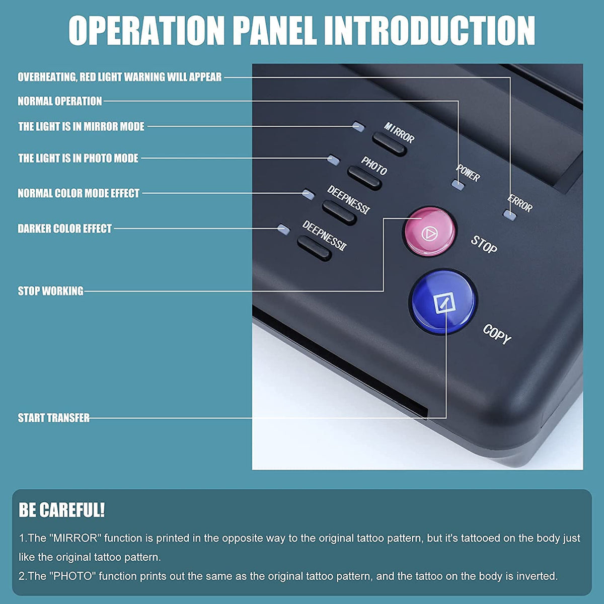 Sacnahe transfer printer top panel showing clear control buttons.