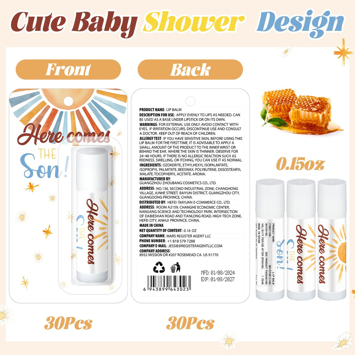 Sacubee 30-pack lip balm for baby shower favors, ideal guest gifts