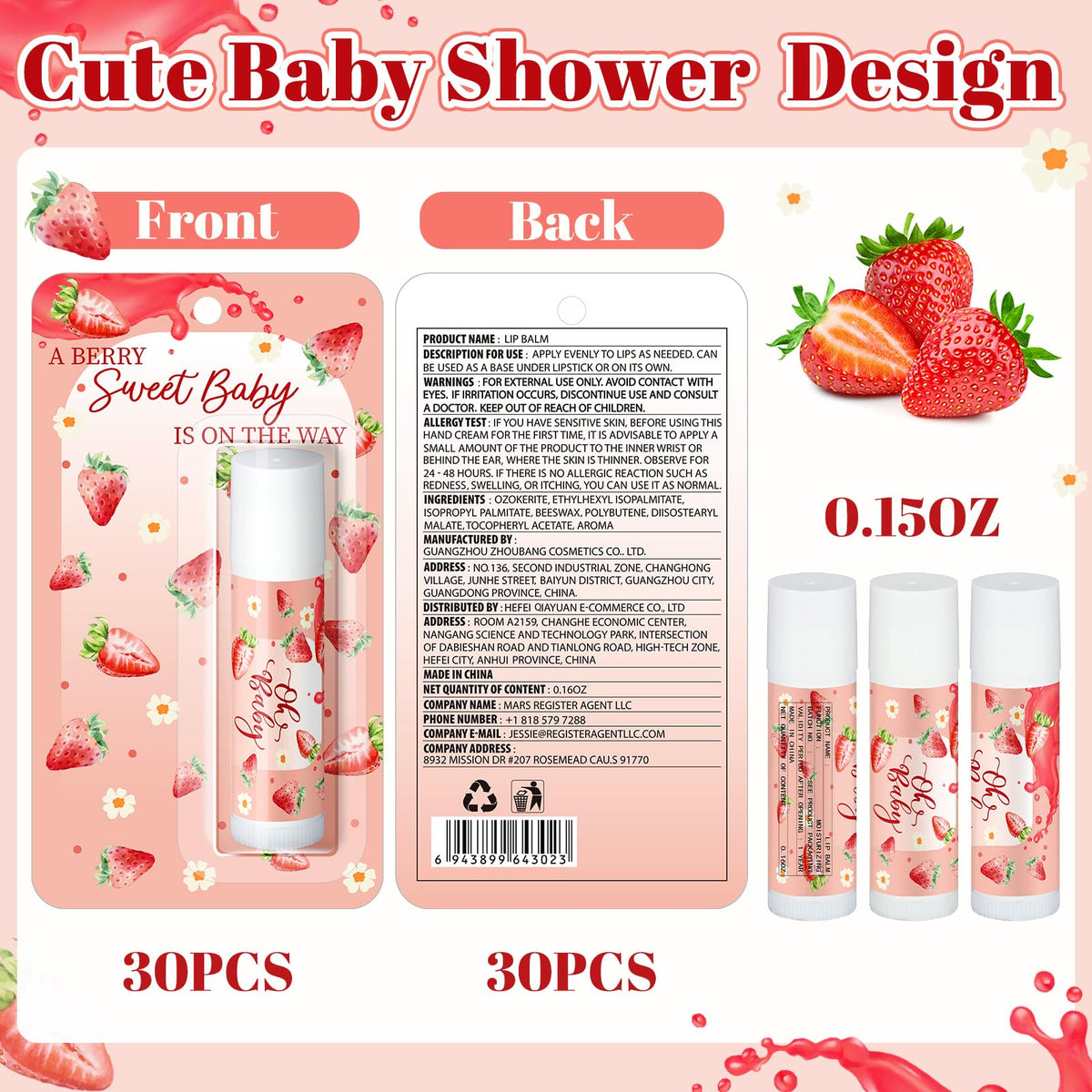 Sacubee baby shower prizes display with strawberry lip balms