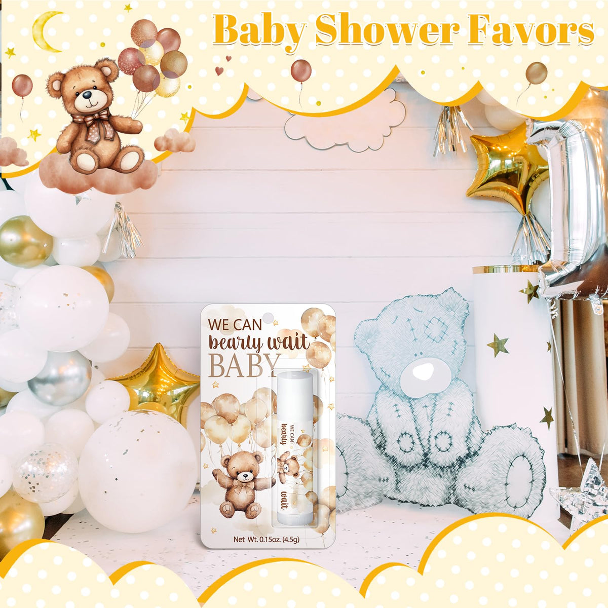 Sacubee bear-themed design lip balm enhances party decor.
