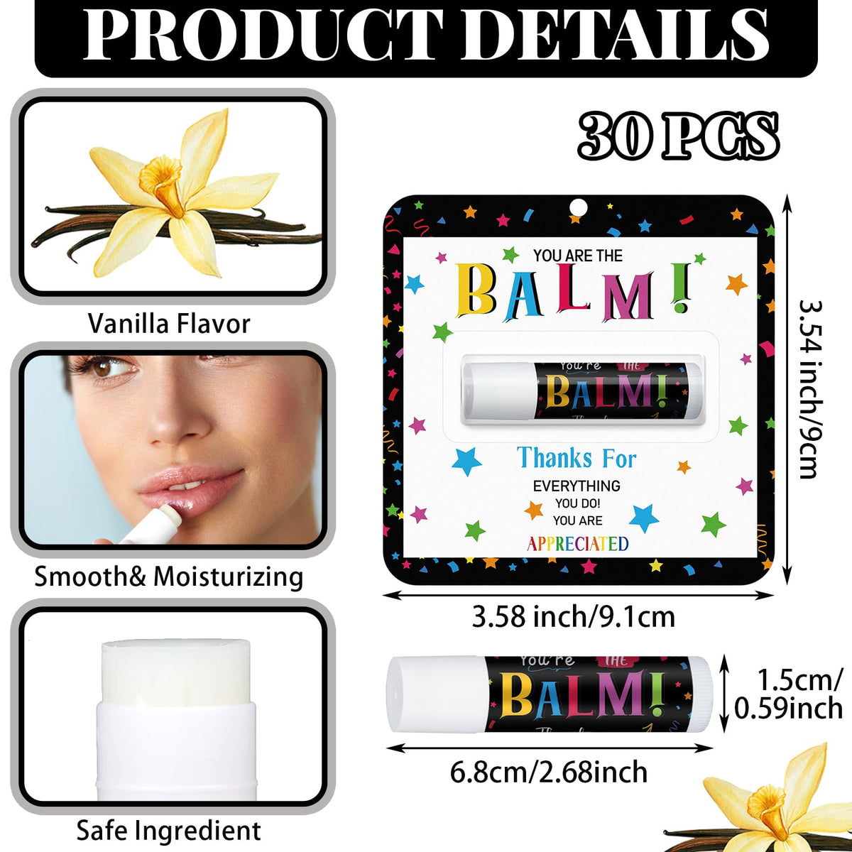 Compact 0.15 oz lip balm sticks, portable for bags and desks.