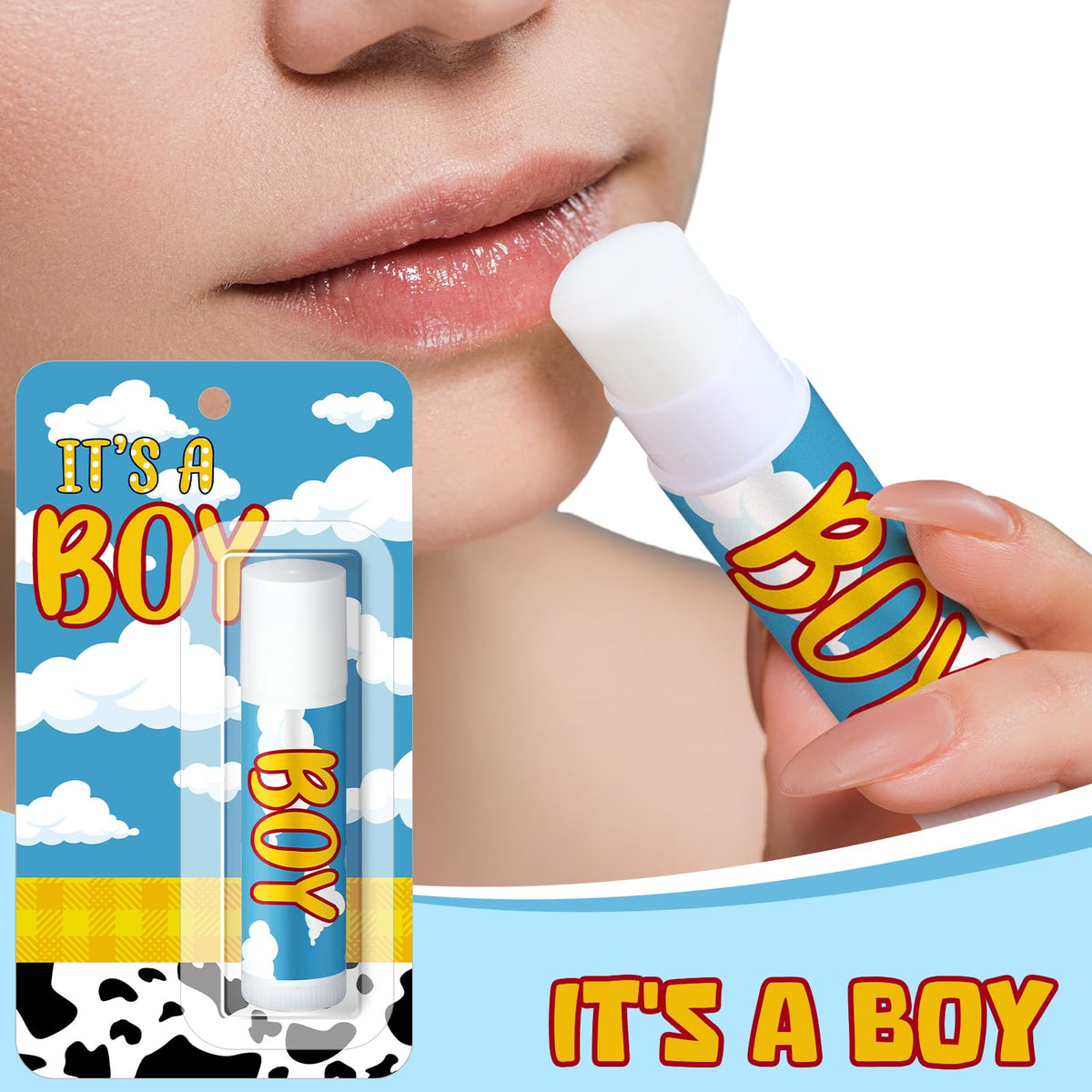 Sacubee cow-print blue lip balm decor for gender reveal celebrations.